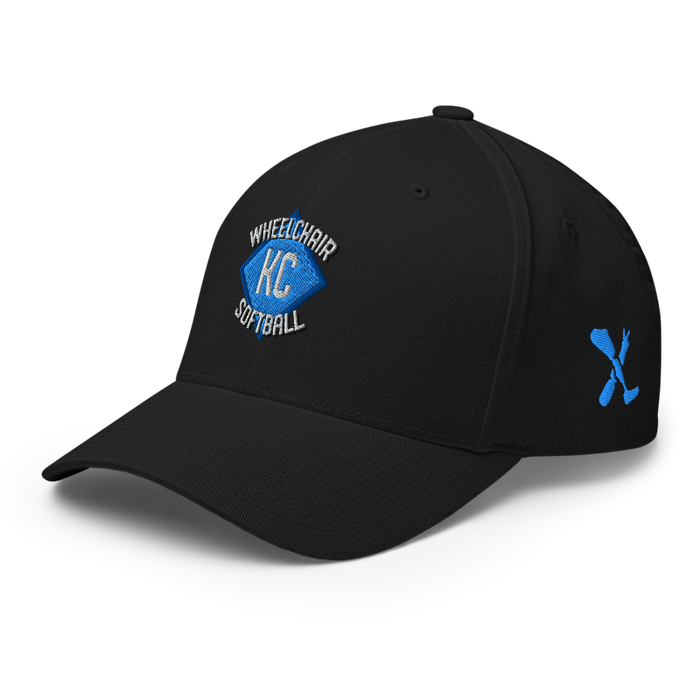Front left angle of the MAS Kansas City Wheelchair Softball Diamond Black Flexfit Curved Bill Fitted against a white background