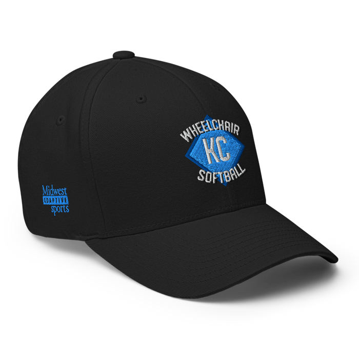 Front right angle of the MAS Kansas City Wheelchair Softball Diamond Black Flexfit Curved Bill Fitted against a white background