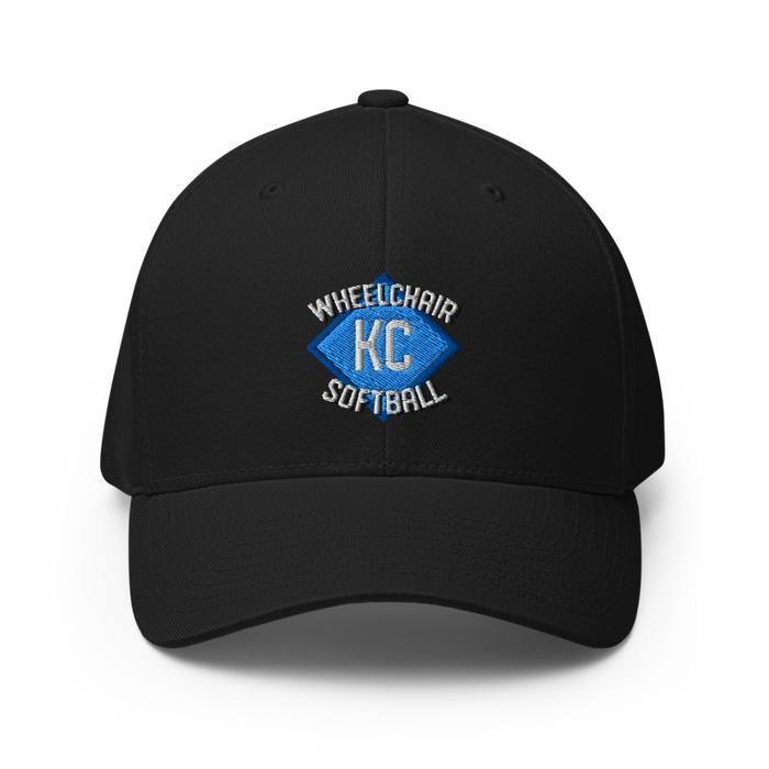 Front angle of the MAS Kansas City Wheelchair Softball Diamond Black Flexfit Curved Bill Fitted against a white background