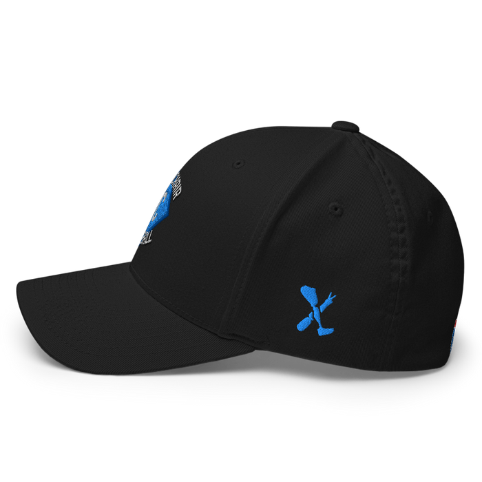 Left angle of the MAS Kansas City Wheelchair Softball Diamond Black Flexfit Curved Bill Fitted against a white background