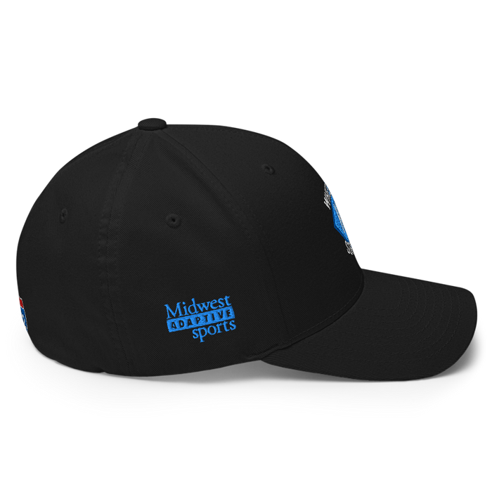 Right angle of the MAS Kansas City Wheelchair Softball Diamond Black Flexfit Curved Bill Fitted against a white background