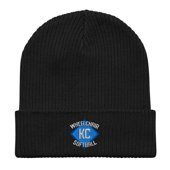 Front angle of the MAS Kansas City Wheelchair Softball Diamond Black Organic Beanie laid flat against a white background