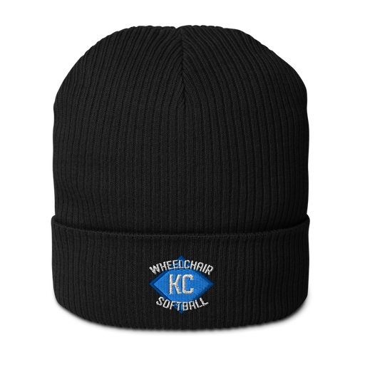 Front angle of the MAS Kansas City Wheelchair Softball Diamond Black Organic Beanie against a white background