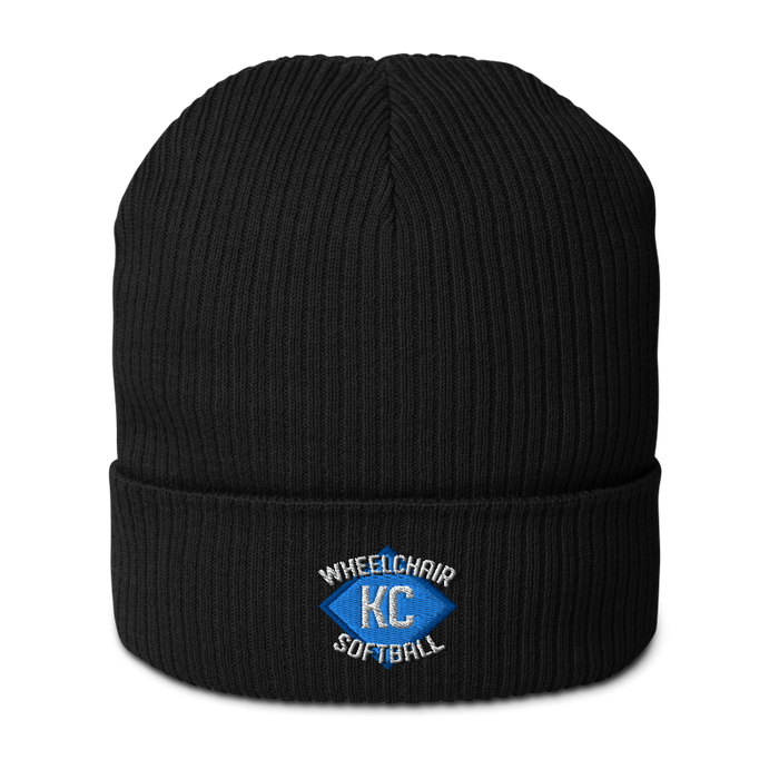 Front angle of the MAS Kansas City Wheelchair Softball Diamond Black Organic Beanie against a white background