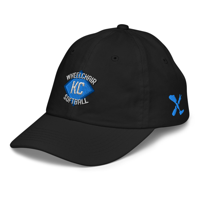 Front left angle of the MAS Kansas City Wheelchair Softball Diamond Black Youth Dad Hat against a white background