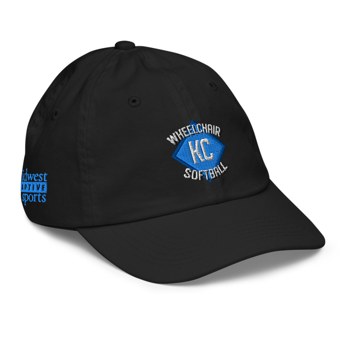 Front right angle of the MAS Kansas City Wheelchair Softball Diamond Black Youth Dad Hat against a white background
