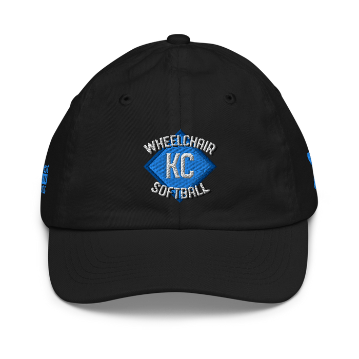 Front angle of the MAS Kansas City Wheelchair Softball Diamond Black Youth Dad Hat against a white background