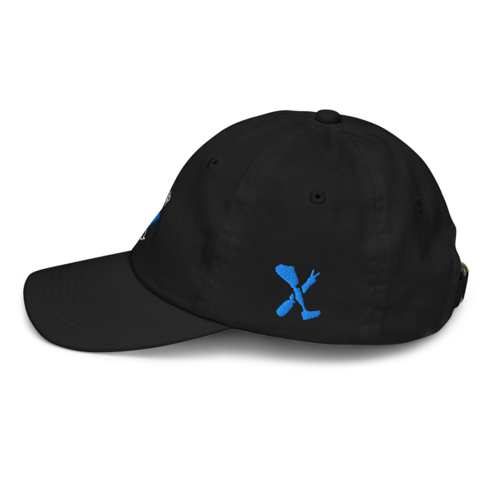 Left angle of the MAS Kansas City Wheelchair Softball Diamond Black Youth Dad Hat against a white background