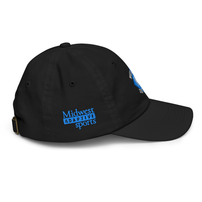 Right angle of the MAS Kansas City Wheelchair Softball Diamond Black Youth Dad Hat against a white background
