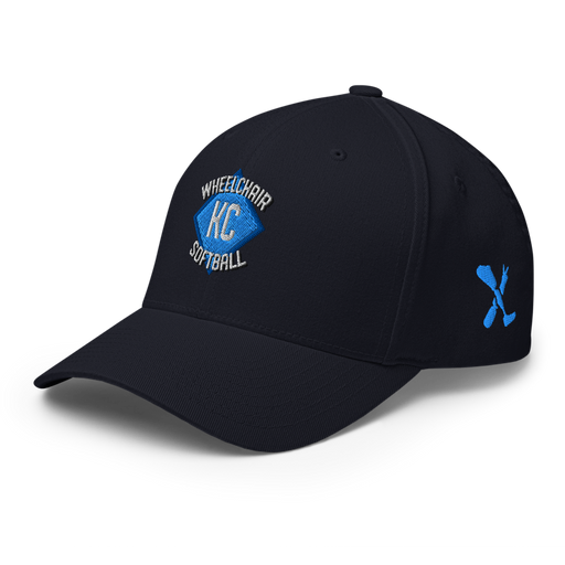 Front left angle of the MAS Kansas City Wheelchair Softball Diamond Dark Navy Flexfit Curved Bill Fitted against a white background