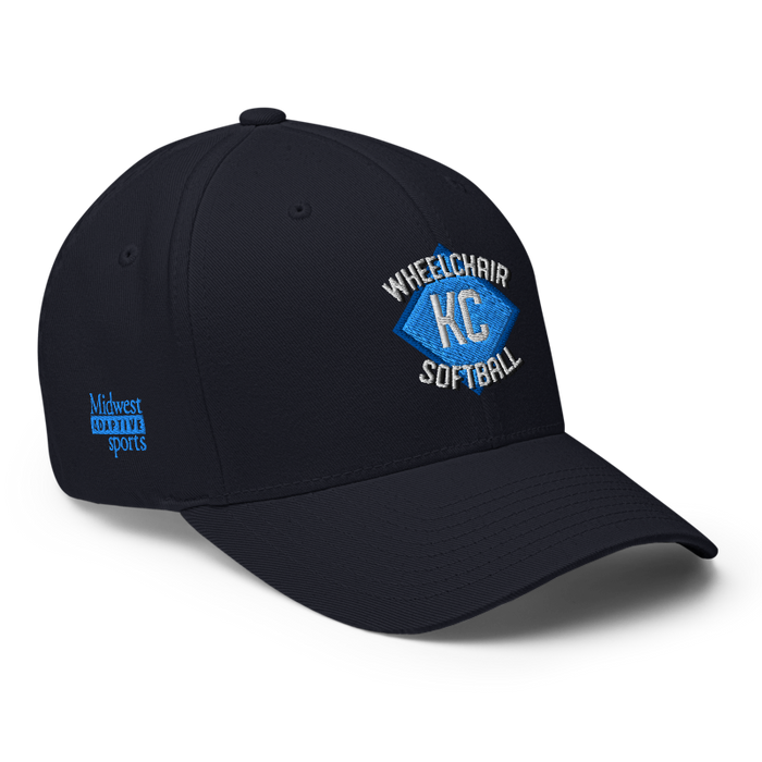 Front right angle of the MAS Kansas City Wheelchair Softball Diamond Dark Navy Flexfit Curved Bill Fitted against a white background