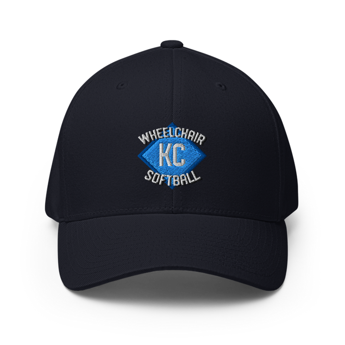 Front angle of the MAS Kansas City Wheelchair Softball Diamond Dark Navy Flexfit Curved Bill Fitted against a white background