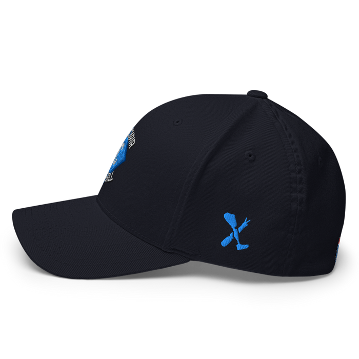 Left angle of the MAS Kansas City Wheelchair Softball Diamond Dark Navy Flexfit Curved Bill Fitted against a white background