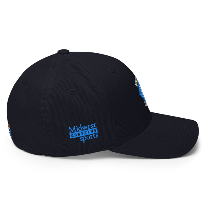 Right angle of the MAS Kansas City Wheelchair Softball Diamond Dark Navy Flexfit Curved Bill Fitted against a white background