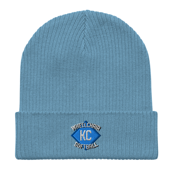 Front angle of the MAS Kansas City Wheelchair Softball Diamond Light Avio Blue Organic Beanie laid flat against a white background