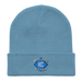 Front angle of the MAS Kansas City Wheelchair Softball Diamond Light Avio Blue Organic Beanie laid flat against a white background