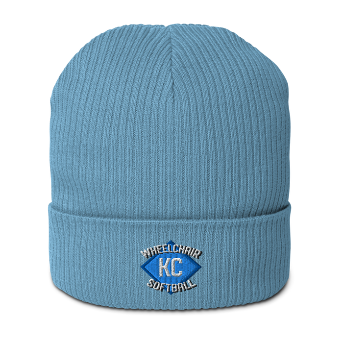 Front angle of the MAS Kansas City Wheelchair Softball Diamond Light Avio Blue Organic Beanie against a white background