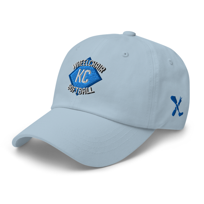 Front left angle of the MAS Kansas City Wheelchair Softball Diamond Light Blue Dad Hat against a white background