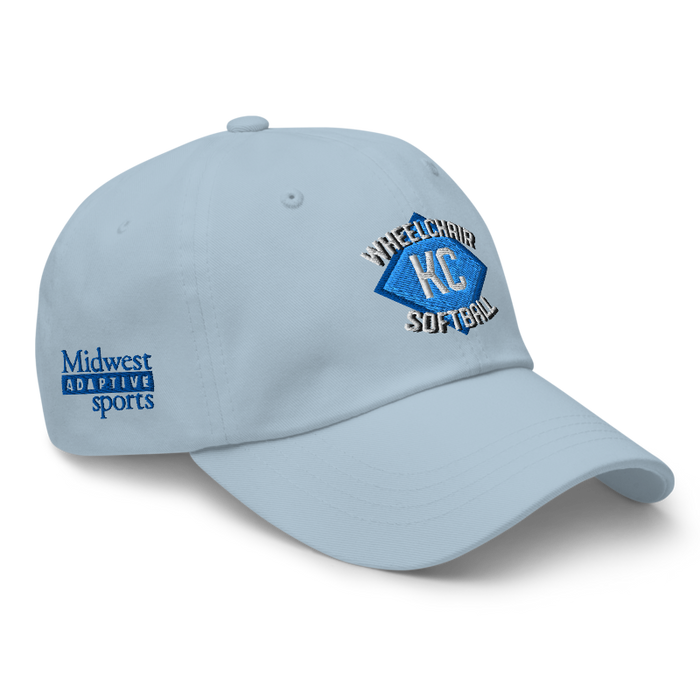 Front right angle of the MAS Kansas City Wheelchair Softball Diamond Light Blue Dad Hat against a white background
