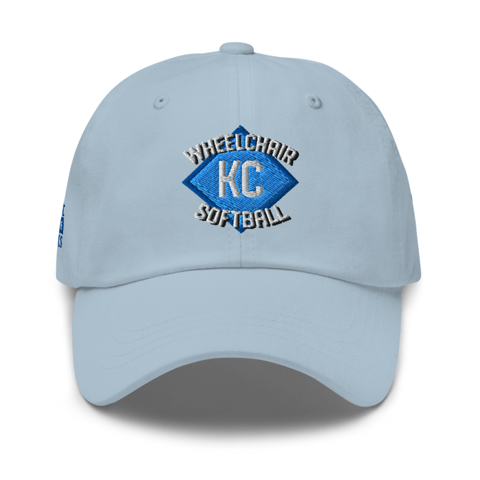 Front angle of the MAS Kansas City Wheelchair Softball Diamond Light Blue Dad Hat against a white background
