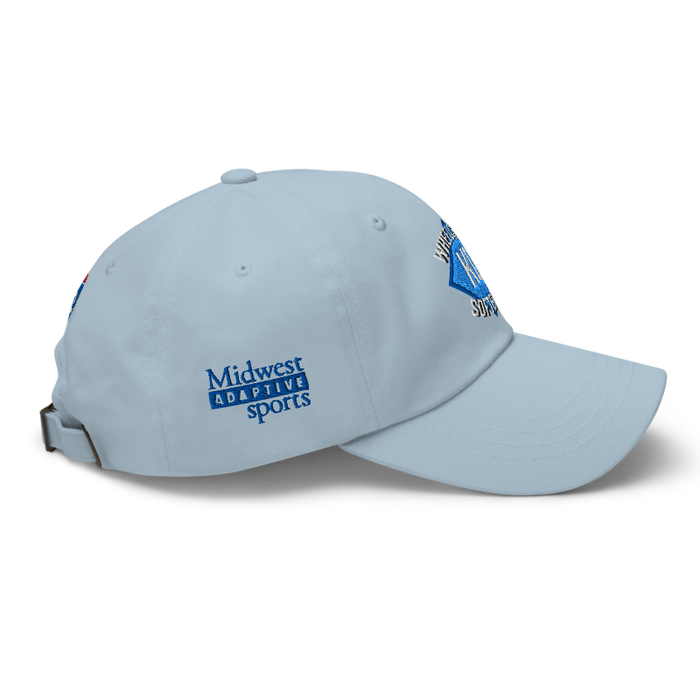 Right angle of the MAS Kansas City Wheelchair Softball Diamond Light Blue Dad Hat against a white background