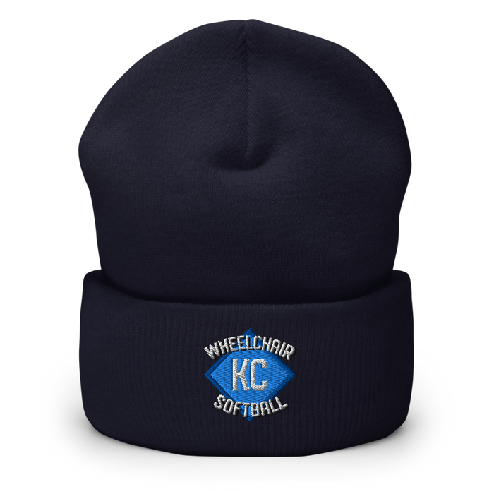 Front angle of the MAS Kansas City Wheelchair Softball Diamond Navy Beanie against a white background