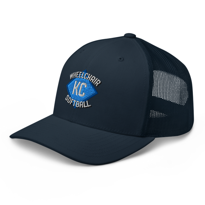Front left angle of the MAS Kansas City Wheelchair Softball Diamond Navy Curved Bill Trucker Snapback against a white background