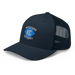 Front left angle of the MAS Kansas City Wheelchair Softball Diamond Navy Curved Bill Trucker Snapback against a white background