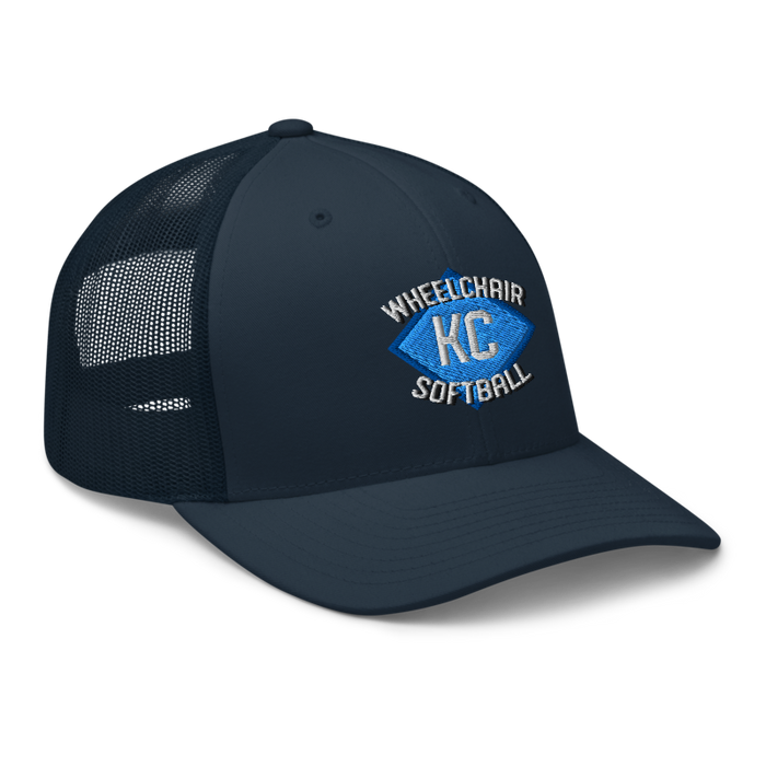 Front right angle of the MAS Kansas City Wheelchair Softball Diamond Navy Curved Bill Trucker Snapback against a white background