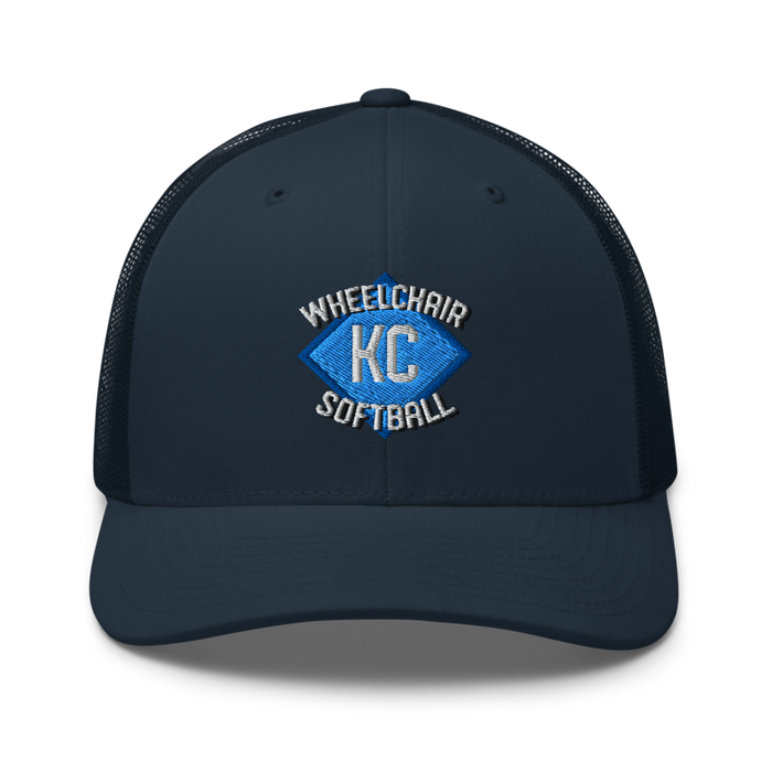 Front angle of the MAS Kansas City Wheelchair Softball Diamond Navy Curved Bill Trucker Snapback against a white background