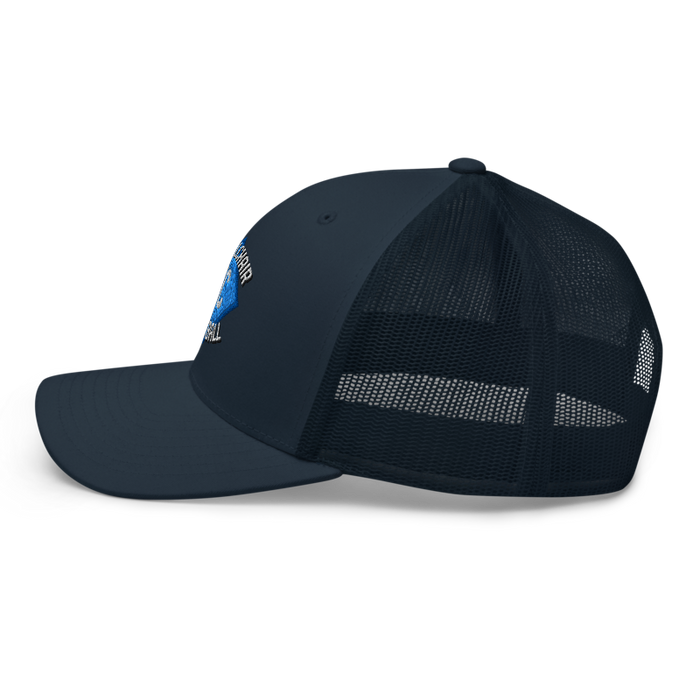 Left angle of the MAS Kansas City Wheelchair Softball Diamond Navy Curved Bill Trucker Snapback against a white background
