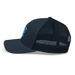 Left angle of the MAS Kansas City Wheelchair Softball Diamond Navy Curved Bill Trucker Snapback against a white background