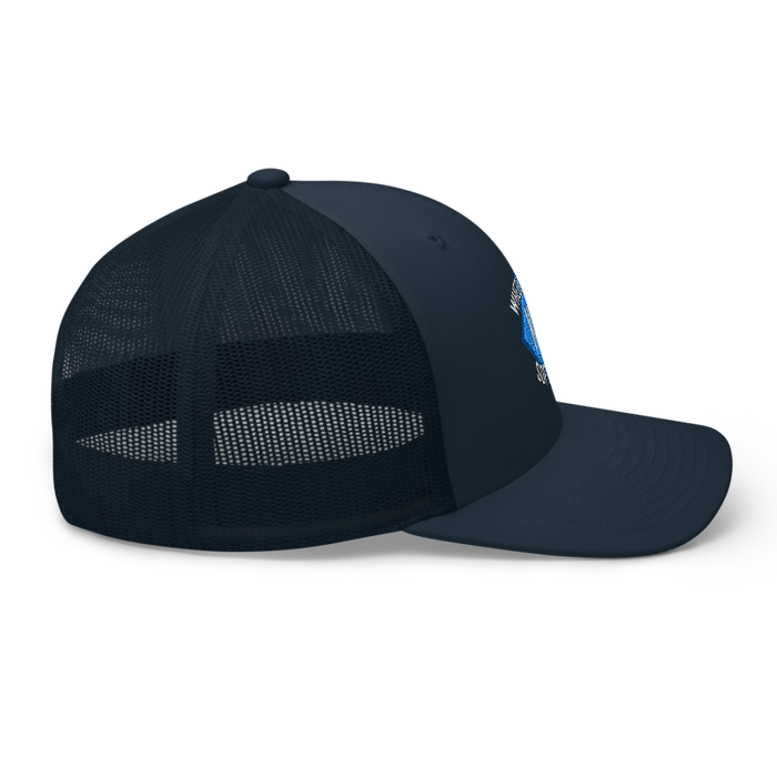 Right angle of the MAS Kansas City Wheelchair Softball Diamond Navy Curved Bill Trucker Snapback against a white background