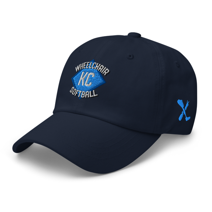 Front left angle of the MAS Kansas City Wheelchair Softball Diamond Navy Dad Hat against a white background