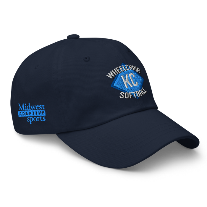 Front right angle of the MAS Kansas City Wheelchair Softball Diamond Navy Dad Hat against a white background