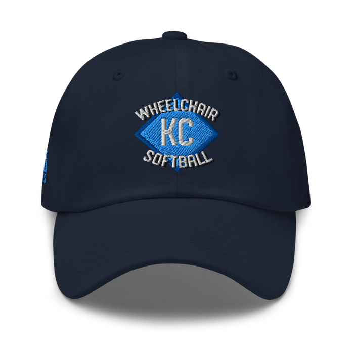 Front angle of the MAS Kansas City Wheelchair Softball Diamond Navy Dad Hat against a white background