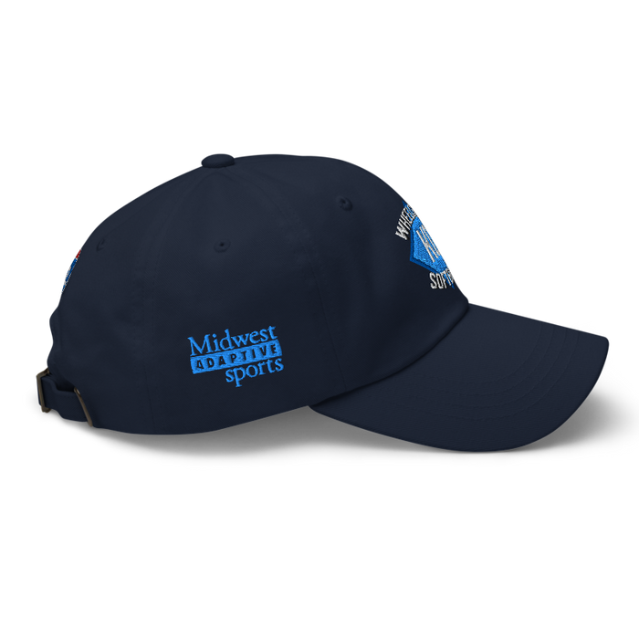 Right angle of the MAS Kansas City Wheelchair Softball Diamond Navy Dad Hat against a white background