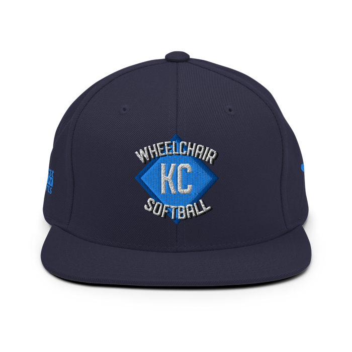 Front angle of the MAS Kansas City Wheelchair Softball Diamond Navy Flat Bill Snapback against a white background