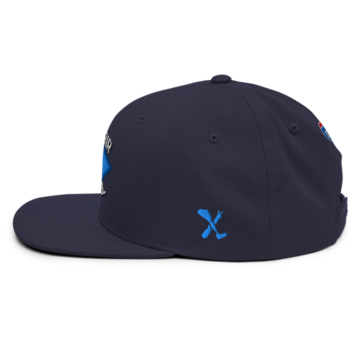 Left angle of the MAS Kansas City Wheelchair Softball Diamond Navy Flat Bill Snapback against a white background