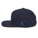 Left angle of the MAS Kansas City Wheelchair Softball Diamond Navy Flat Bill Snapback against a white background