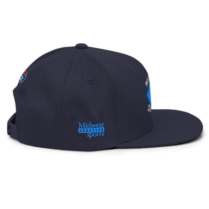 Right angle of the MAS Kansas City Wheelchair Softball Diamond Navy Flat Bill Snapback against a white background
