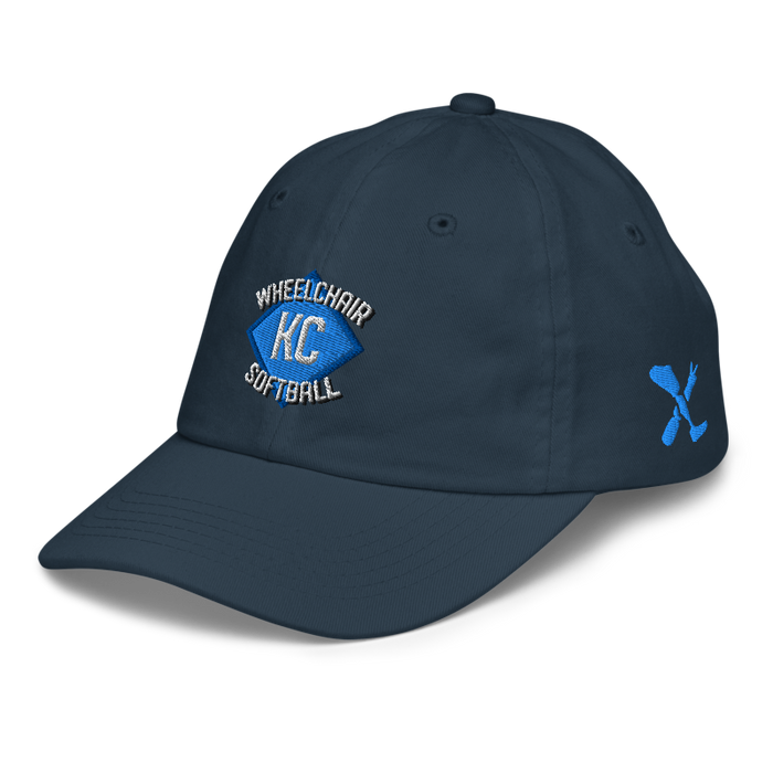 Front left angle of the MAS Kansas City Wheelchair Softball Diamond Navy Youth Dad Hat against a white background