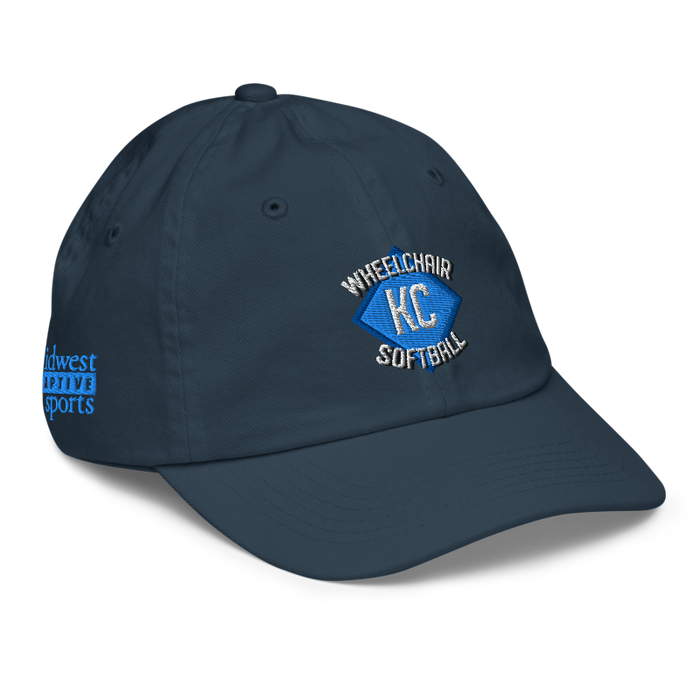 Front right angle of the MAS Kansas City Wheelchair Softball Diamond Navy Youth Dad Hat against a white background