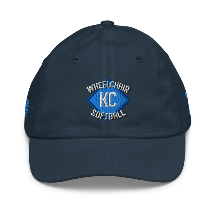 Front angle of the MAS Kansas City Wheelchair Softball Diamond Navy Youth Dad Hat against a white background