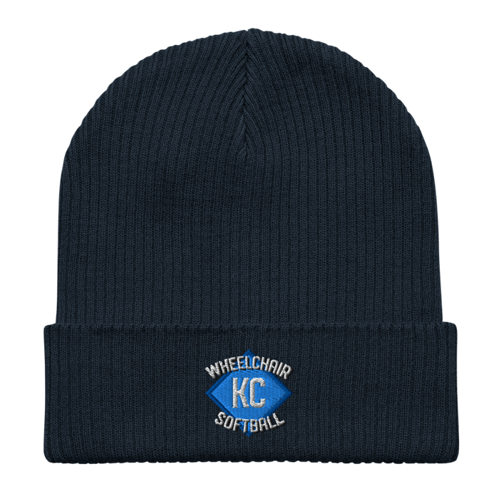 Front angle of the MAS Kansas City Wheelchair Softball Diamond Oxford Navy Organic Beanie laid flat against a white background