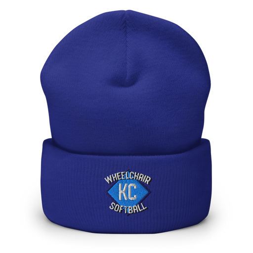 Front angle of the MAS Kansas City Wheelchair Softball Diamond Royal Beanie against a white background