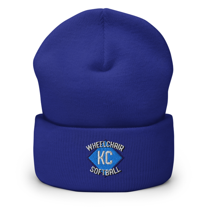 Front angle of the MAS Kansas City Wheelchair Softball Diamond Royal Beanie against a white background