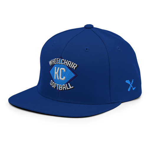 Front left angle of the MAS Kansas City Wheelchair Softball Diamond Royal Blue Flat Bill Snapback against a white background