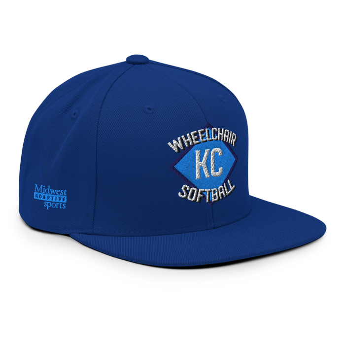 Front right angle of the MAS Kansas City Wheelchair Softball Diamond Royal Blue Flat Bill Snapback against a white background