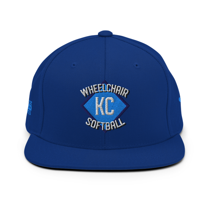 Front angle of the MAS Kansas City Wheelchair Softball Diamond Royal Blue Flat Bill Snapback against a white background